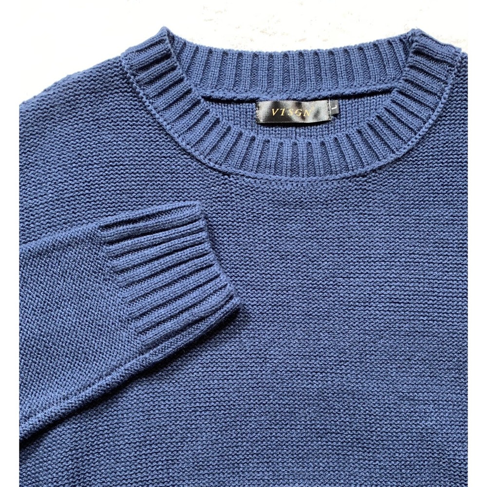 VTSGN Women's Large Crewneck Knit Navy Sweater Long Sleeve Side Slit - C26